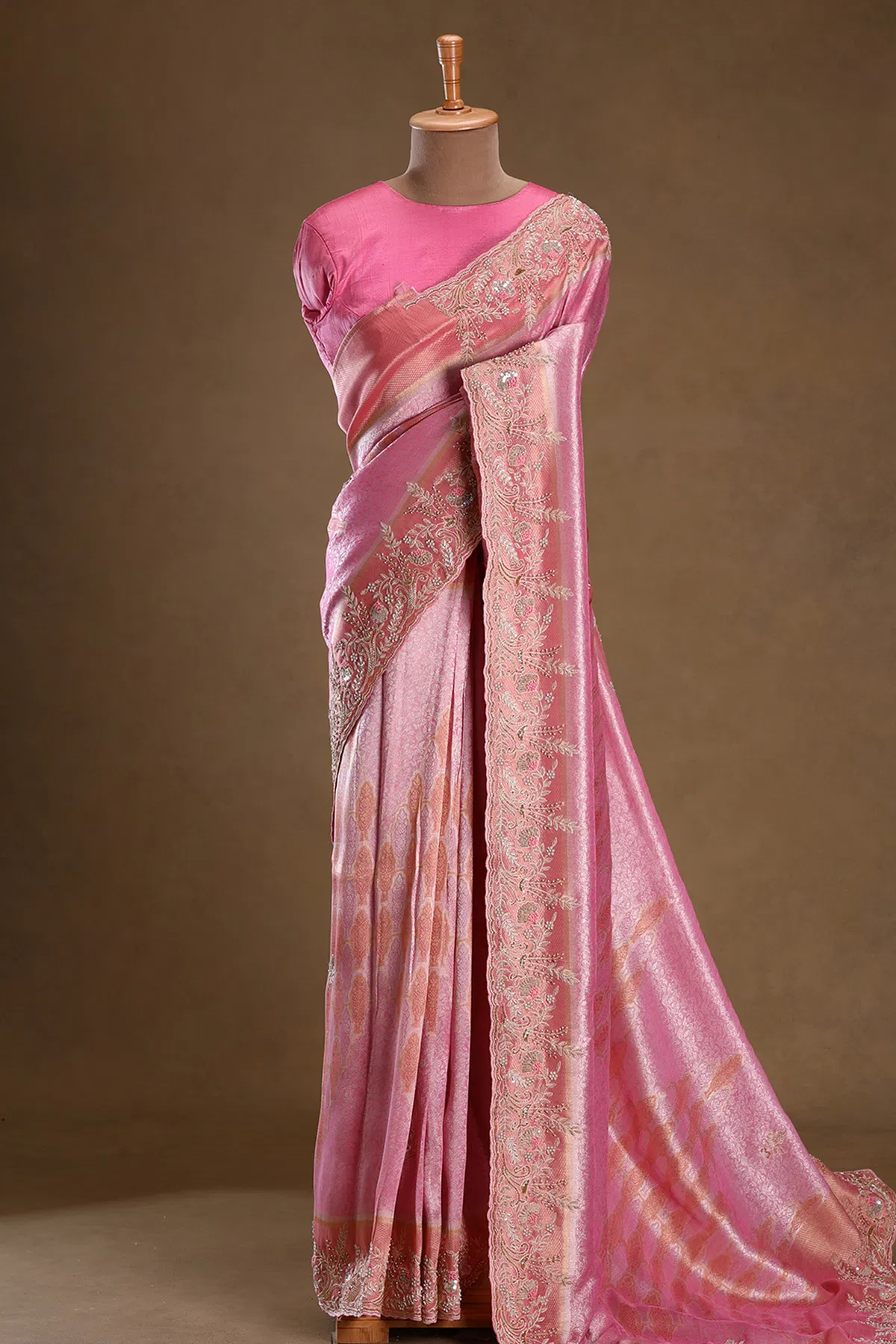 Candy pink zari woven tissue designer saree